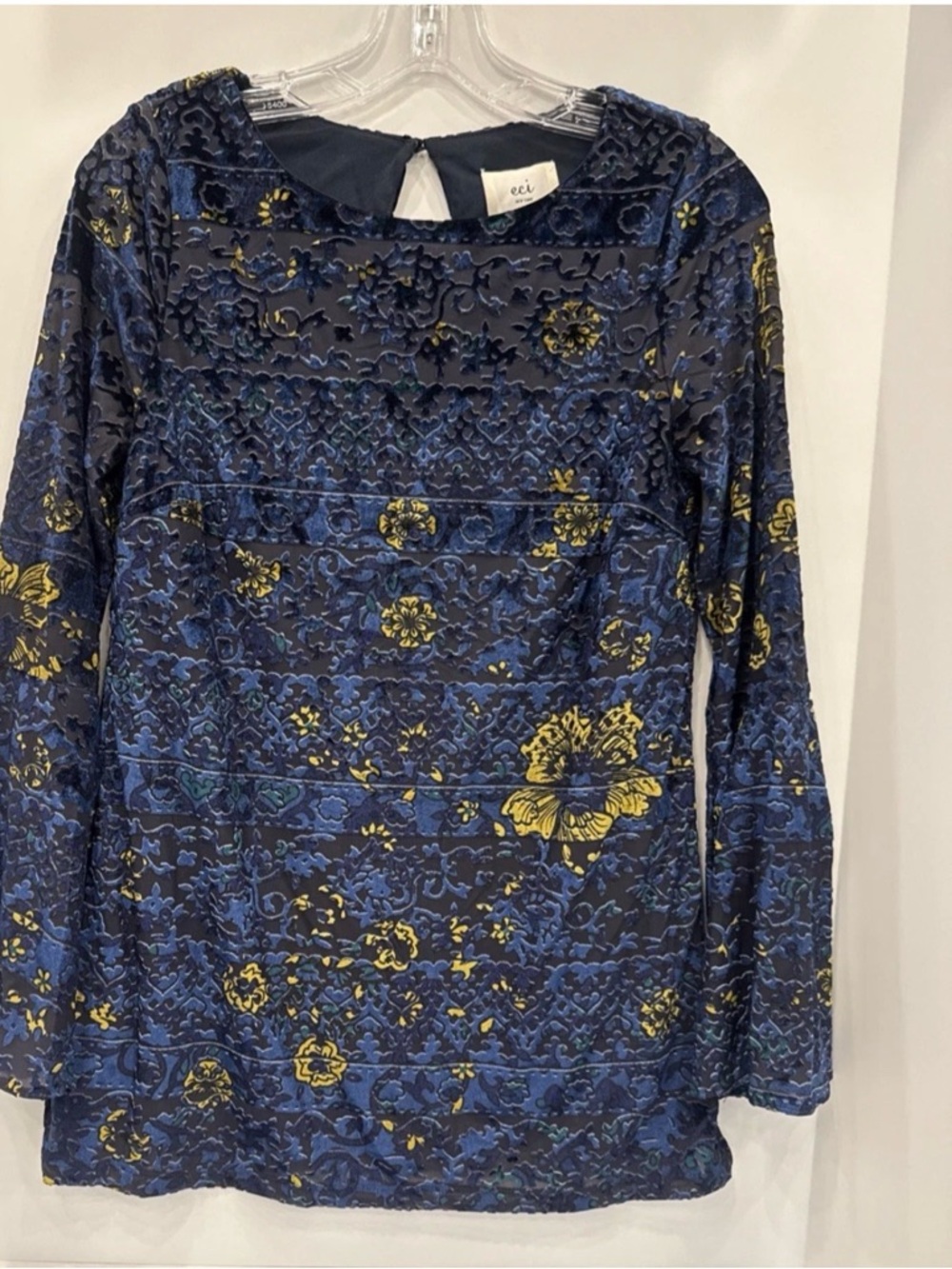ECI Small Long Sleeve Velvet Burnout Top Blue Multi Boho Gypsy Festival NWT